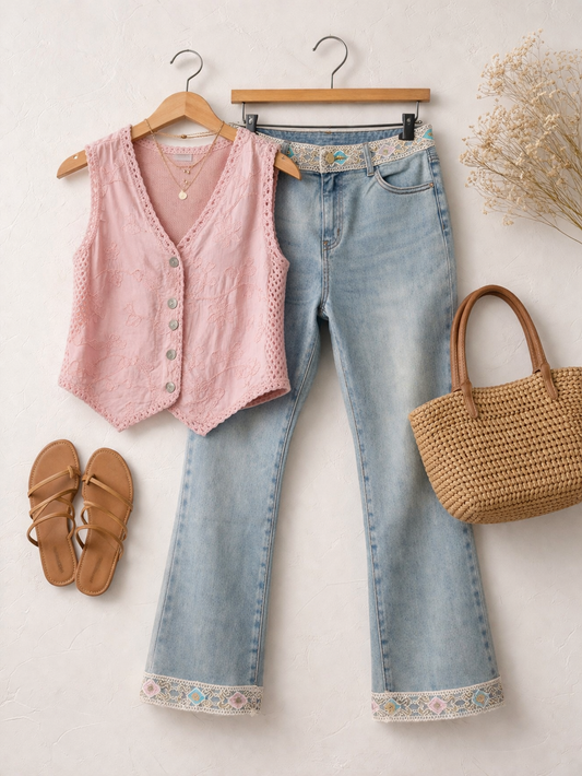 Gilet bohème rose brodé femme – ROSALIA