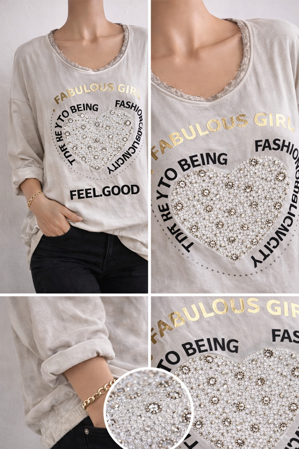 T-shirt Feel Good – beige imprimé cœur