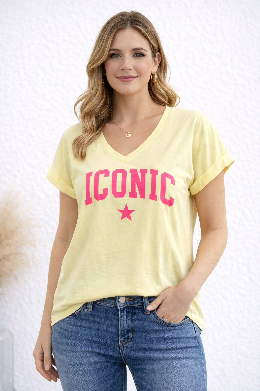 T-shirt Iconic – jaune & imprimé rose