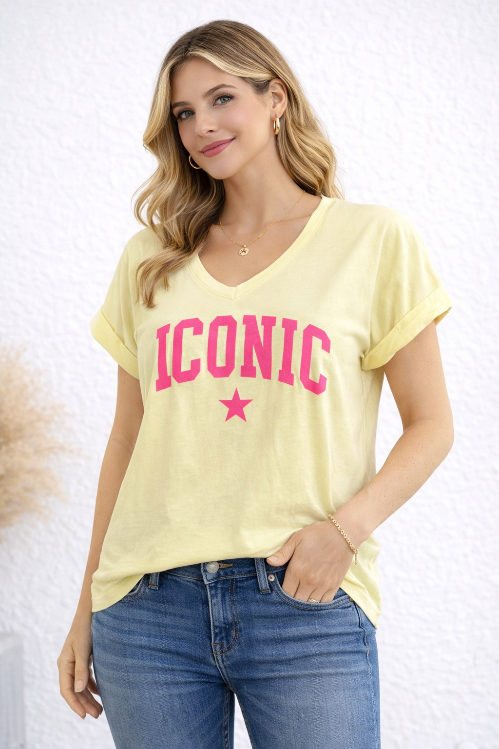 T-shirt Iconic – jaune & imprimé rose